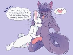 absurd_res ambiguous_gender anthro big_penis bodily_fluids canid canine canis cardiophilia cum cum_drip dripping drooling duo genital_fluids genitals head_on_chest heartbeat hi_res himborodeo knot knotted_penis lagomorph leporid mailmutt male male/male mammal mastectomy_scar oblivious penis rabbit saliva scar size_difference small_penis smaller_male thought_bubble tongue tongue_out trans_(lore) trans_man_(lore) wolf