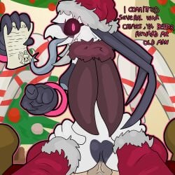 absurd_res anal anal_sex arthropod black_sclera blattodean breasts christmas clothing cockroach cockroach_humanoid demon female first_person_view floating_hands gloves handwear hi_res holidays insects interspecies long_tongue looking_at_viewer male male/female penetration santa_claus shizameakanzatsu text tongue wings yan_(shizameakanzatsu)