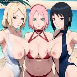 3girls ai_generated asymmetrical_docking bangs bare_shoulders beach bikini black_eyes black_hair blonde_hair boruto:_naruto_next_generations breast_press breasts breasts_out brown_eyes cleavage closed_mouth collarbone dandanhub day facial_mark female female_only forehead_mark green_eyes hairband large_breasts long_hair looking_at_viewer mature_female multiple_girls naruto naruto_(series) naruto_shippuden navel nipples ocean one-piece_swimsuit outdoors parted_bangs parted_lips pink_hair reaching_towards_viewer red_bikini sakura_haruno sand selfie shiny shiny_skin shizune short_hair sky smile swimsuit take_your_pick tsunade
