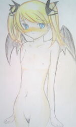 1girls bat_wings blonde_hair blue_eyes blush casper deathsmiles flat_chest nude nude_female pencil_(artwork) small_breasts traditional_media_(artwork) twintails