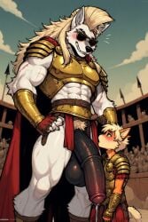 abs ai_generated anthro balls bandicoot big_balls big_penis blush canid canine canis cock_worship fur furry gay gaymuscleai gladiator greek hair huge_balls huge_cock monster_cock muscular muscular_male penis penis_bigger_than_torso precum roman size_difference sunglasses veiny_penis white_fur wolf