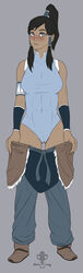 1girls abs armband avatar_legends biting_lip black_hair blush cameltoe clothed clothing dark-skinned_female dark_skin female female_only hair_ornament human korra leotard looking_at_viewer nickelodeon pants_down pants_pull piratepup purple_eyes simple_background solo standing straight_hair the_avatar the_legend_of_korra tied_hair water_tribe wristband