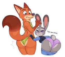 1boy 1girls acstlu androgynous ass big_butt bikini blush canine clothing crossdressing dat_ass disney female female_anthro fox girly judy_hopps lagomorph male male_anthro mammal nick_wilde panties presenting_hindquarters purple_panties rabbit swimsuit take_your_pick underwear zootopia