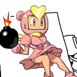 1girls black_eyes bomb bomberman covered_breasts dress female heart looking_to_the_side noill pink_dress pretty_bomber tagme thighs white_background