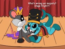 anthro balls belt belt_buckle bite black_body black_fur blue_body buckle cape clothed clothing cock_and_ball_torture critters_(poppy_playtime) crown curtains detailed_background duo evil_grin eyebrows facial_hair female fin fish frown fur genital_torture genitals grabbing_both_legs grey_body grey_fur hat headgear headwear hi_res highlights_(coloring) king looking_at_another looking_at_partner looking_up_at_partner lying maggie_mako_(poppy_playtime) male male/female mammal marine military_jacket military_uniform mob_entertainment moustache multicolored_body murid murine nightmare_critters no_humans nutcracker on_front on_model pain pantsless penis pink_nose pink_tail poppy_playtime pupils purple_clothing raised_eyebrow rat red_clothing rodent royalty shaded shark shark_tail sharp_teeth shocked signature sitting slightlyarousedguy smile smiling_at_another smiling_at_partner smiling_critters stage stage_curtains stage_show star tail teeth text the_nutcracker touille_(poppy_playtime) uniform white_pupils