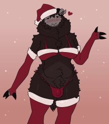 2025 anthro belly black_body black_fur black_sheep black_wool blush bovid bovine bulge caprine chest_tuft christmas christmas_clothing christmas_headwear clothed clothing detailed_bulge digital_drawing_(artwork) digital_media_(artwork) fingers fluffy front_view fur gynomorph hair hat headgear headwear hi_res holidays hooved_fingers hooves horn intersex looking_at_viewer mammal mane nonbinary_(lore) pubes r0sev rose_(r0sev) santa_hat sheep sheep_tail simple_background skimpy smile snow snowing solo thong tuft underwear wool_(fur)