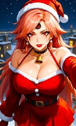 1girls ai_generated arc_system_works babe badass baiken bare_shoulders beautiful beautiful_females bell belt billiemi02 city_background collar collarbone dress fantasys female gloves guilty_gear guilty_gear_strive guilty_gear_xrd hot large_breasts lovely night off_shoulder perfect_body pink_hair red_eyes red_lipstick ronin rooftop samurai santa_costume santa_hat sexy snow stable_diffusion tattoo upper_body video_game_character video_game_franchise video_games voluptuous