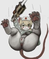 anus breasts_exposed chainsaw looking_at_viewer lorna_(terrible_mouse) mouse_girl nurse_uniform paws pussy tagme terrible_mouse unknown_artist