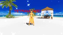1boy 1girls 3d 3d_(artwork) ass beach breasts cat_girl dancing female_focus fluffy_tail furry furry_female green_eyes kitty_katswell latex_suit micro_bikini nickelodeon nicktoons palm_tree spanish_voice_acting suit t.u.f.f._puppy tagme tetramundo video yellow_fur