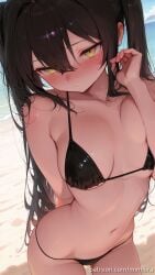 1girls ai_generated bangs beach bikini black_bikini black_hair blush breasts en'en_no_shouboutai enen_no_shouboutai fire_force hair_between_eyes kotatsu_tamaki long_hair medium_breasts micro_bikini solo string string_bikini swimsuit tamaki_kotatsu thighs twintails uncensored yellow_eyes