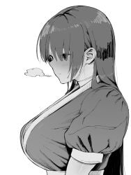 1girls aburisamon blush breasts dead_or_alive hair_down kasumi_(doa) large_breasts long_hair monochrome sideboob sideview