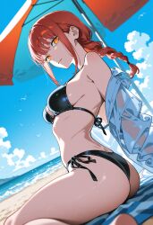 1girls ai_generated ass bare_shoulders bikini black_bikini breasts chainsaw_man cleavage earrings female halterneck jewelry kawaani_main long_hair looking_at_viewer makima_(chainsaw_man) navel night off_shoulder open_clothes outdoors pointy_ears pool poolside shirt side-tie_bikini silver_hair sitting sky smile solo star_(sky) starry_sky string_bikini swimsuit water wet
