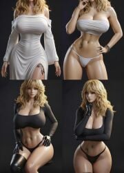 ai_generated bandages bandages_around_chest black_gloves black_thong blonde_hair bracelets breasts cameltoe cleavage hand_on_chin hand_on_hip huge_breasts large_breasts multiple_images original_character ring sitting standing stomach_tattoo thigh_slit thigh_tattoo thighhighs thinking_pose toned_abs white_dress white_thong