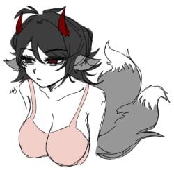 2025 artist_upload big_breasts bigoldstinker boobs cleavage demon_horns ibispaint_(artwork) ibispaintx kitsune looking_away neutral_expression nipple_outline oc original original_artwork original_character self_upload sfw short_hair sketch tank_top