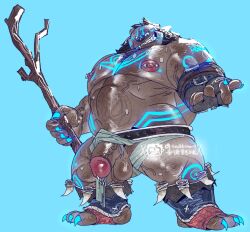 1boy alternate_species animal_ears artist_name bara bear_boy bear_ears belly biceps blue_background brown_fur brown_hair claws commentary druid_mauga english_commentary fangs fingerless_gloves flaccid furry furry_male gloves grin highres holding holding_staff holding_stick looking_at_viewer male_focus mauga_(overwatch) muscular muscular_male navel nipple_piercing nipples overwatch pectorals penis piercing plump smile staff stick sweat tedboar testicles topless_male twitter_username veins veiny_penis watermark