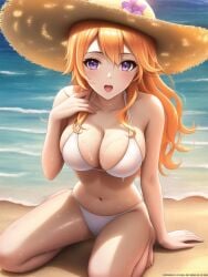 1girls ai_generated bare_shoulders beach bikini female large_breasts nakiri_erina orange_hair purple_eyes shmebulock36 shokugeki_no_souma sitting solo straw_hat