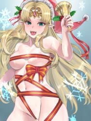 1girls a_link_to_the_past alternate_version_available areolae areolae_slip bangs bare_thighs bell blonde_hair blue_eyes breasts christmas completely_nude female female_only hat long_hair medium_breasts naked_ribbon nintendo nude nude_female open_mouth pocari66 princess_zelda ribbon santa_hat sideboob smile snowflake solo the_legend_of_zelda thighs very_long_hair zelda_(a_link_between_worlds) zelda_(a_link_to_the_past)