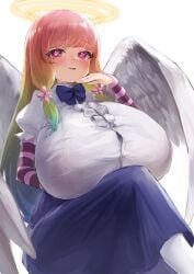 1girls angel barely_contained breasts_bigger_than_head bursting_breasts color eonbound heart-shaped_pupils huge_breasts looking_at_viewer neoguoguko sitting smug tagme xaessya