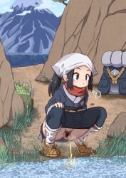 1girls akari_(pokemon) ass backpack bad_pixiv_id bag black_eyes black_hair clothes_pull cloud female female_pubic_hair grass head_scarf highres japanese_clothes kneehighs lemon_snail loose_socks mountain outdoors paid_reward_available pants pants_pull pee peeing pokemon pokemon_(game) pokemon_legends:_arceus ponytail pubic_hair riverbank scarf socks solo squatting urine white_socks