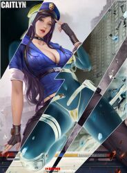 blue_eyes blue_hair breasts caitlyn_kiramman goatwillow handcuffs league_of_legends police policewoman riot_games