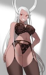 1girls black_bra black_lingerie black_panties bra bunny_ears dark-skinned_female dark_skin female female_only ko_koyap lingerie looking_at_viewer miruko my_hero_academia panties red_eyes rumi_usagiyama solo stockings underwear wide_hips