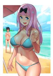 2girls beach big_breasts bikini black_hair blue_eyes bonz0616 bonz_(bonz0616) breasts busty cleavage female female_only fujiwara_chika kaguya-sama_wa_kokurasetai_~tensai-tachi_no_renai_zunousen~ long_hair multiple_girls navel pink_hair shinomiya_kaguya smile swimsuit thick_thighs thighs voluptuous_female