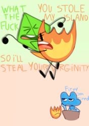 1boy 1girls battle_for_dream_island bored crime dissappointed_look female fireafy firey_(bfdi) four_(bfb) inanimate_object leafy_(bfdi) male memmi object_shows rape sex tired