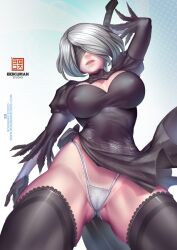 1girls android asian blindfold blue_eyes bob_cut bokuman cute diadem female female_only hairband light-skinned_female light_skin medium_hair nier nier:_automata pale-skinned_female pale_skin petite seductive_look slim solo square_enix stockings tagme teenager thighhighs viewed_from_below white_background white_hair yorha_2b