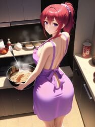 1girls ai_generated apron apron_only ass_focus big_ass cooking dress kitchen large_breasts looking_at_viewer looking_back original original_character purple_eyes ramen red_hair shmebulock36