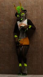 anthro anthro_only antlers bedroom_eyes blender_(software) blue_pawpads brown_fur bulge clothing croptop femboy_hooters fur furry furry_only green_fur green_tongue kiwidox kiwidox_(artist) male male_only pawpads rexouium shorts tagme tanktop twitter url