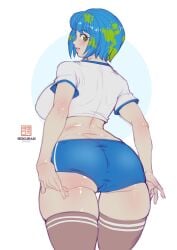 1girls ass blue_hair blue_shorts bokuman cameltoe clothed_female earth-chan green_eyes holding_own_ass original solo solo_female tagme thighhighs