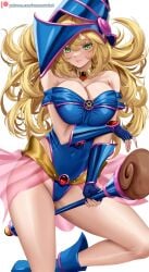 big_breasts blonde_female blonde_hair blonde_hair_female breasts cleavage dark_magician_girl enmanuelart20 female green_eyes seductive seductive_pose seductive_smile tight_clothing witch witch_hat yu-gi-oh!