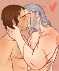 2boys artist_request bara bard beard_stubble biceps bisexual_male brown_hair closed_eyes duo gay geralt_of_rivia hairy_chest heart in_character jaskier_(the_witcher) kiss kissing light_skin long_hair loving_embrace male male/male male_only muscular muscular_male pecs romantic scar scars shirtless stubble tagme the_witcher_(netflix) the_witcher_(series) video_games white_hair witcher yaoi