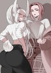 2girls :d :o absurdres animal_ears ass back bangs big_ass black_pants breasts brown_jacket clothing_cutout cropped_sweater dark-skinned_female dark_skin dat_ass female female_only from_behind hands_on_hips highres jacket kaina_tsutsumi ko_koyap lady_nagant large_breasts long_eyelashes long_hair looking_at_viewer medium_hair miruko multicolored_hair multiple_girls my_hero_academia off_shoulder open_mouth pants parted_bangs plaid plaid_skirt ponytail rabbit_ears rabbit_girl rabbit_tail red_eyes ribbed_sweater rumi_usagiyama skirt smile sweater sweater_tucked_in tail tail_through_clothes teeth thighs tight tight_pants turtleneck turtleneck_sweater two-tone_hair upper_teeth_only very_long_hair white_hair white_sweater yoga_pants