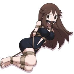 1girls arms_tied_behind_back ball_gag black_dress bondage bondage breasts brown_eyes brown_hair crotch_rope dankestofdans dress gag gagged green_(pokemon) large_breasts legs_tied long_hair looking_at_viewer navel_cutout nintendo pokemon pokemon_lgpe rope rope_between_breasts rope_bondage shibari_over_clothes