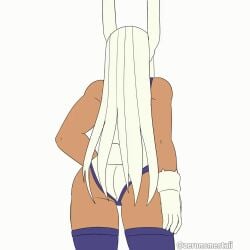 1girls animal_ears animated animated ass ass_visible_through_thighs back back_view big_breasts breasts bunny_ears bunny_tail english english_text female female_only hair handwear huge_breasts leg_grab leg_up legwear long_hair miruko my_hero_academia offscreen_character one_leg_raised one_leg_up raising_leg red_eyes rumi_usagiyama smile speech_bubble superheroine text thick_thighs thighs white_hair zeromomentai