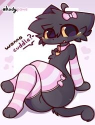 :3 anthro big_ass black_fur blush cat_ears cat_tail collar cub dark_fur femboy furry kneesocks koda_(kodypaws) kodypaws long_gloves pink_background purple_eyes text thick_thighs