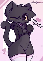 :3 anthro big_ass black_fur blush cat_ears cat_tail collar dark_fur featureless_crotch femboy furry hoodie kneesocks koda_(kodypaws) kodypaws long_gloves no_genitals null purple_eyes text thick_thighs