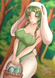 1girls alternate_costume braid breasts bunny_ears bunny_girl bunnysuit cleavage female female_only fire_emblem fire_emblem:_the_blazing_blade green_eyes green_hair large_breasts medium_hair nintendo rebecca_(fire_emblem) rinku_bny solo twin_braids year_of_the_rabbit