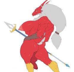 1futa anthro areola balls biped blaziken breasts futanari generation_3_pokemon genitals gynomorph half-erect hi_res holding_object holding_weapon intersex looking_at_viewer looking_back looking_back_at_viewer muscular nintendo nipples penis pokemon pokemon_(species) rear_view red_body shredded_wheat solo weapon yellow_sclera