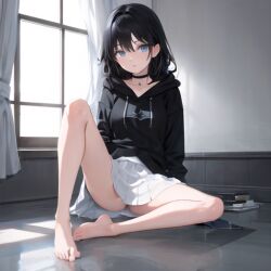 bare black_hair blue_eyes choker clothing detailed feet female ground hoodie house inside legs lighting pussy revealing sitting skirt underskirt vagina window young