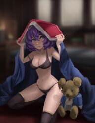 1girls bare_thighs bernadetta_von_varley black_panties book bra breasts cleavage covering female female_only fire_emblem fire_emblem:_three_houses fraudulenttaco grey_eyes indoors large_breasts medium_hair nintendo panties purple_hair solo teddy_bear thighhighs thighs underwear