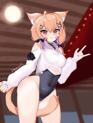 1girl :3 ahoge animal_ear_fluff animal_ears bare_shoulders black_bow black_leotard black_nails blonde_hair blue_nails blurry blush bow breasts cat_ears cat_tail catgirl closed_mouth covered_navel depth_of_field eyebrows_visible_through_hair fang fang_out fingerless_gloves fox_ears fox_tail gloves hair_bow hair_ornament hairclip highleg highleg_leotard leotard long_sleeves looking_at_viewer medium_breasts multicolored_nails nail_polish nyactopus off_shoulder orange_hair pink_nails purple_nails red_eyes red_nails ribbed_leotard shirt short_twintails smile solo squchan_(vtuber) standing tail thighs twintails twitter_username virtual_youtuber vyugen