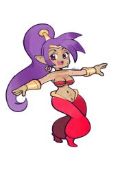 belly_dancer blush bodily_fluids breasts dancing ear_piercing ear_ring female genie genitals hair hi_res humanoid looking_at_viewer nipple_outline open_mouth open_smile piercing pubes purple_hair pussy ring_piercing scharlotte shantae shantae_(character) simple_background smile smooth_skin solo sweat under_boob wayforward white_background