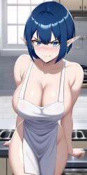 1girls ai_generated ai_hands anime_nose apron apron_only arm_under_breasts blue_eyes blue_hair blue_panties clavicle elf elf_ears elf_female elf_housewife embarrassed embarrassed_female female_focus housewife karen_haircut kitchen maid_apron mature_female milf no_bra novel_ai novelai short_hair sole_female stable_diffusion