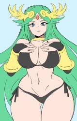 2d abysswatchers ass_visible_through_thighs big_breasts bikini blank_background blue_eyes child_bearing_hips cleavage color green_hair hands_on_own_chest kid_icarus kid_icarus_uprising large_breasts long_hair navel nintendo palutena swimsuit tagme thick_thighs toned_stomach wide_hips