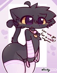 :3 anthro black_fur blush cat_ears cat_tail collar dark_fur femboy furry kneesocks koda_(kodypaws) kodypaws leash long_gloves pink_background purple_eyes text thick_thighs