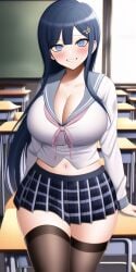 ai_generated blue_eyes blue_hair blush bow chalkboard classroom cleavage danganronpa danganronpa:_trigger_happy_havoc desk hair_ornament huge_breasts large_breasts maizono_sayaka n.c.b_ai nai_diffusion school_uniform schoolgirl skirt smile stable_diffusion thighhighs