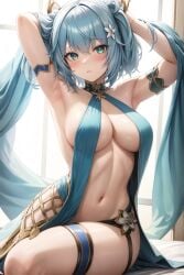 1girls ai_generated armpits blue_hair breasts curvaceous curvy curvy_female dress faruzan_(genshin_impact) genshin_impact green_eyes hi_res large_breasts looking_at_viewer nai_diffusion navel perfect_body revealing_clothes seductive seductive_look seductive_pose sideboob stable_diffusion twintails voluptuous