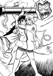 1girls 2boys antennae ass bazooka bazooka_ophisto black_and_white breast_press breasts carrying dance_mephisto demon demon_girl demon_tail demoness fanart female fur go_nagai hanappe_bazooka hanappe_yamada hugging kakuu_masaru leg_between_thighs looking_at_viewer male mephisto_dance monochrome monophallia naked ophisto_bazooka penis penis_digits penis_fingers style_imitation succubus